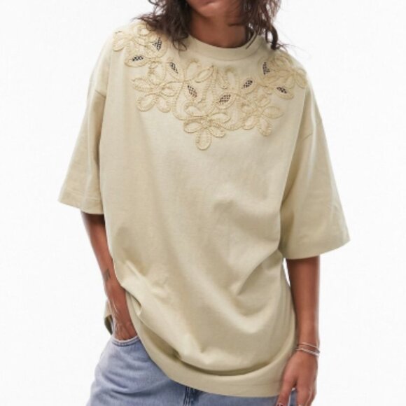 Topshop Oversize Embroidered Cotton T-Shirt - Beige Size US 4-6 - Picture 1 of 8